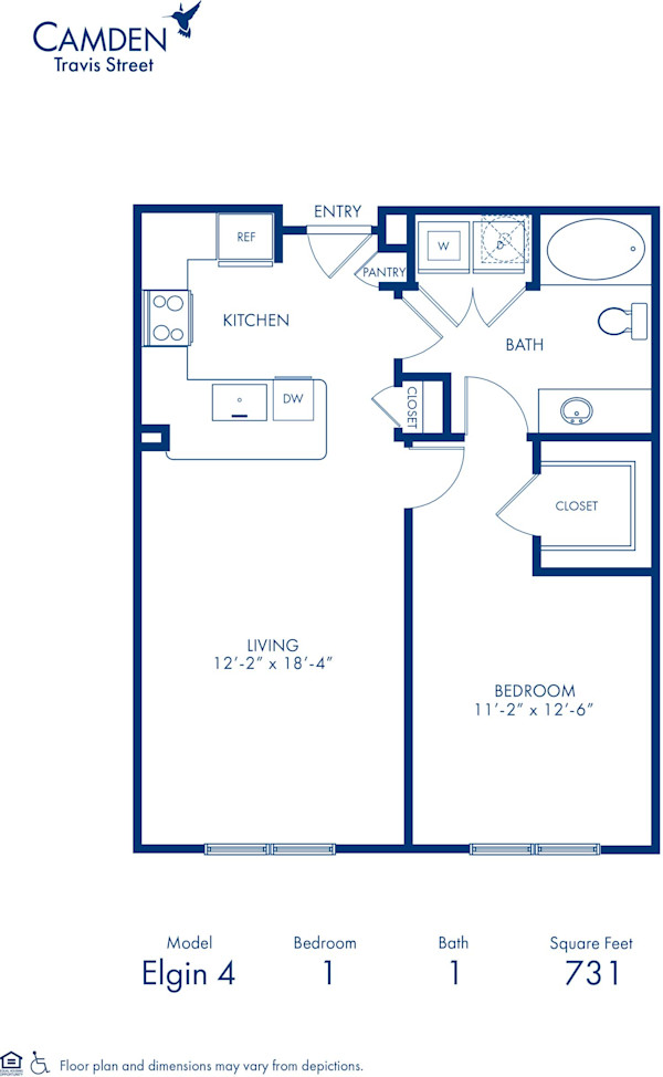 Blueprint of Elgin 4 Floor Plan, 1 Bedroom and 1 Bathroom at Camden Travis Street Apartments in Houston, TX