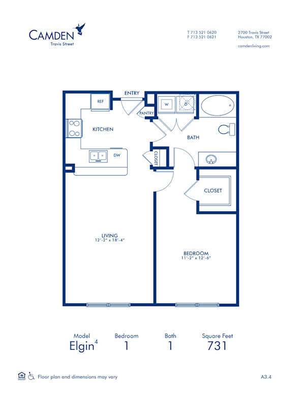 Blueprint of Elgin 4 Floor Plan, 1 Bedroom and 1 Bathroom at Camden Travis Street Apartments in Houston, TX