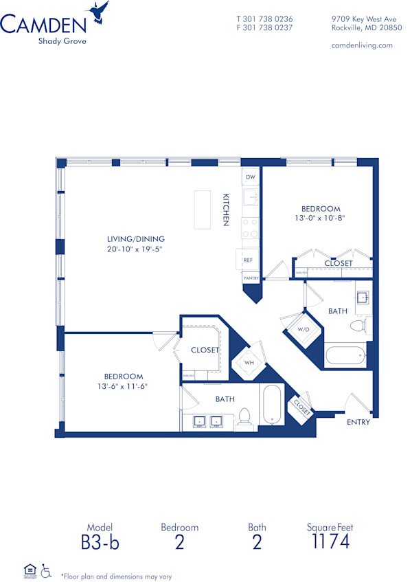 Blueprint of B3-B Floor Plan, 2 Bedrooms and 2 Bathrooms at Camden Shady Grove Apartments in Rockville, MD
