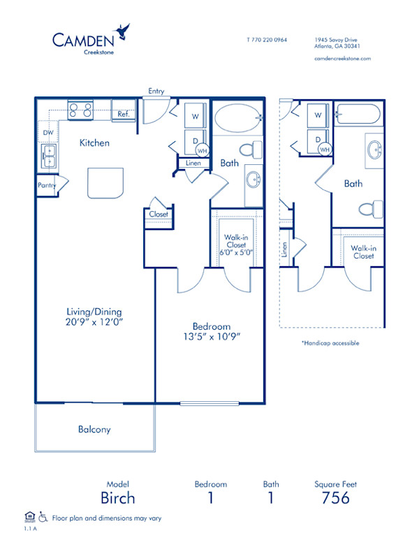 Blueprint of Birch Floor Plan, 1 Bedroom and 1 Bathroom at Camden Creekstone Apartments in Atlanta, GA