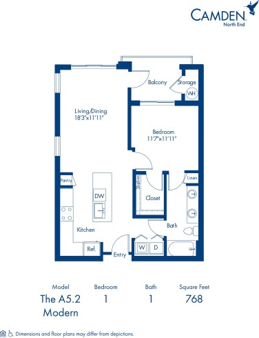 Camden North End apartments in Phoenix, Arizona one bedroom, one bathroom floor plan A5.2