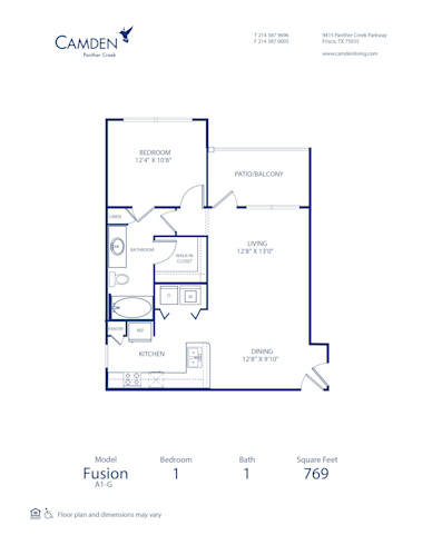 Blueprint of Fusion Floor Plan, 1 Bedroom and 1 Bathroom at Camden Panther Creek Apartments in Frisco, TX