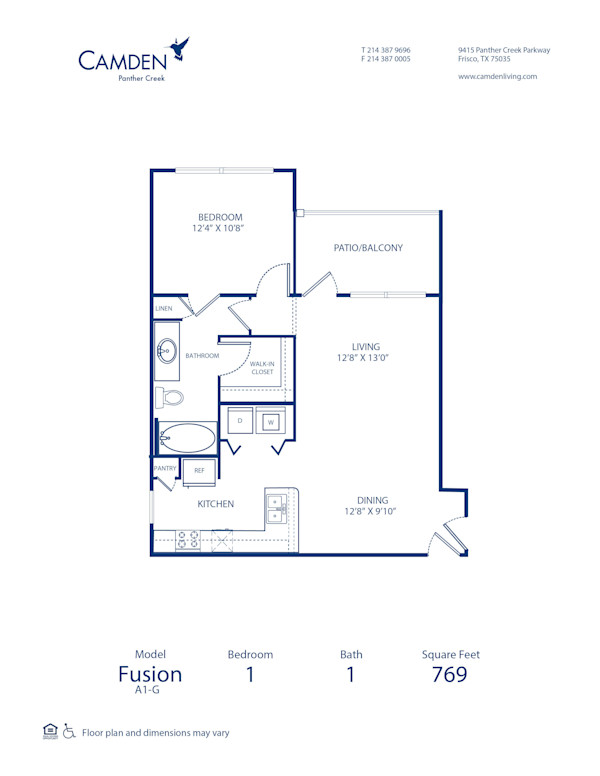 Blueprint of Fusion Floor Plan, 1 Bedroom and 1 Bathroom at Camden Panther Creek Apartments in Frisco, TX