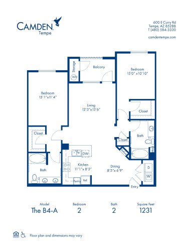 Blueprint of The B4H Floor Plan, 2 Bedrooms and 2 Bathrooms at Camden Tempe Apartments in Tempe, AZ