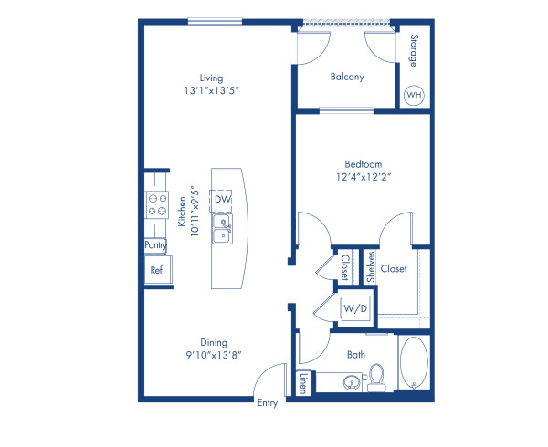 Blueprint of The A3H Floor Plan, 1 Bedroom and 1 Bathroom at Camden Tempe Apartments in Tempe, AZ