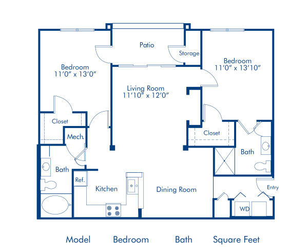 Blueprint of Lily Floor Plan, 2 Bedrooms and 2 Bathrooms at Camden Deerfield Apartments in Alpharetta, GA