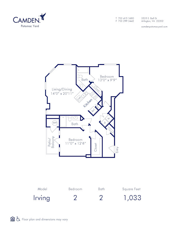 Blueprint of Irving Floor Plan, Apartment Home with 2 Bedrooms and 2 Bathrooms at Camden Potomac Yard in Arlington, VA