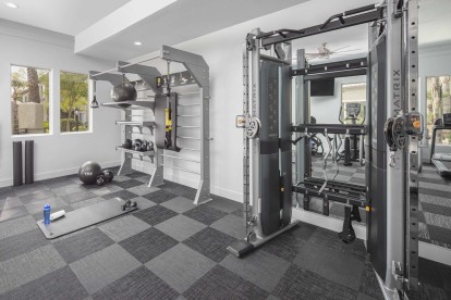 24 hour fitness center matrix weight machine and trx machine with kettle bells and stability balls