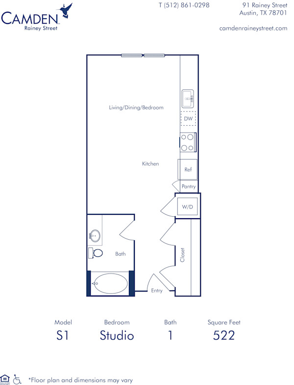 Camden Rainey Street apartments in Austin, TX floor plan S1 studio