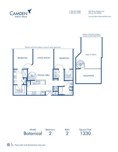 Blueprint of Botanical Floor Plan, 2 Bedrooms and 2 Bathrooms at Camden Midtown Atlanta Apartments in Atlanta, GA