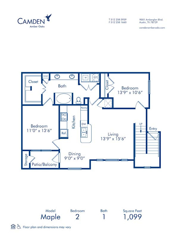Blueprint of Maple Floor Plan, 2 Bedrooms and 1 Bathroom at Camden Amber Oaks Apartments in Austin, TX
