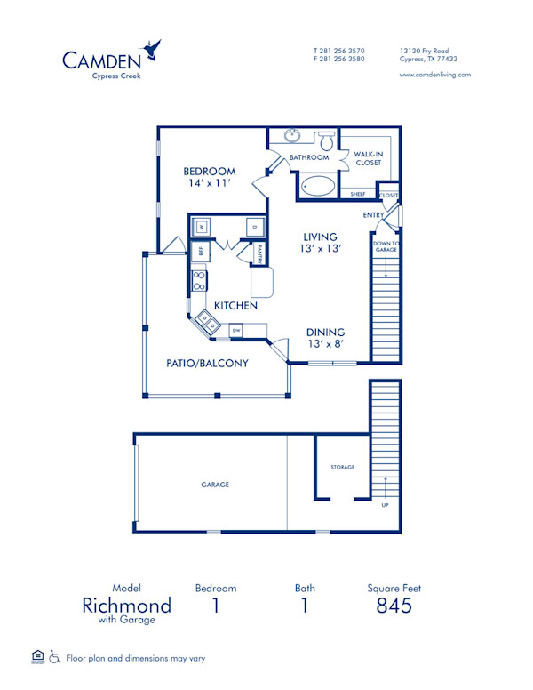 Blueprint of Richmond - G Floor Plan, 1 Bedroom and 1 Bathroom at Camden Cypress Creek Apartments in Cypress, TX