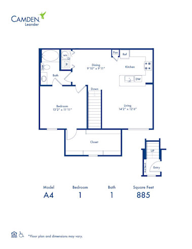 A4 floor plan at Camden Leander apartments in Leander, TX - a 1 bed x 1 bath apartment home