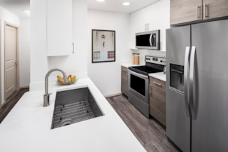 Gourmet kitchen with quartz countertops and single-basin undermount sink at Camden Potomac Yard apartments in Arlington, VA