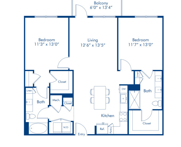 Blueprint of the B1A Two Bedroom, Two Bathroom Floor Plan at Camden Carolinian Apartments in Raleigh, NC