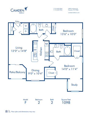 Blueprint of F Floor Plan, 2 Bedrooms and 2 Bathrooms at Camden Midtown Houston Apartments in Houston, TX