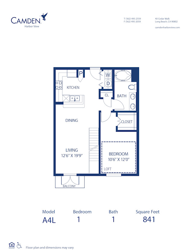 Blueprint of A4L Floor Plan, 1 Bedroom and 1 Bathroom at Camden Harbor View Apartments in Long Beach, CA
