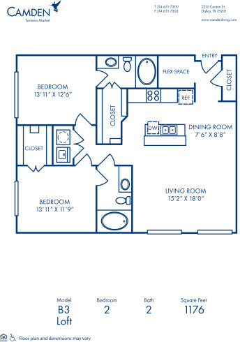 Blueprint of B3 - Loft Floor Plan, 2 Bedrooms and 2 Bathrooms at Camden Farmers Market Apartments in Dallas, TX