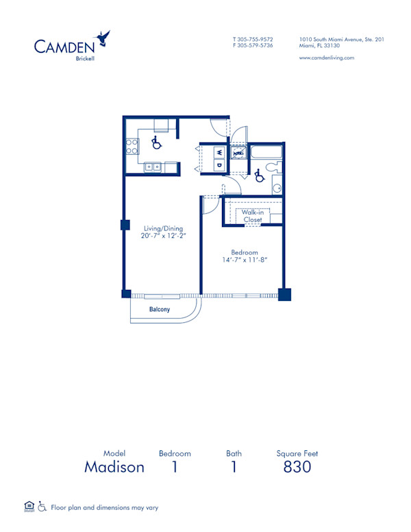 Blueprint of Madison Floor Plan, 1 Bedroom and 1 Bathroom at Camden Brickell Apartments in Miami, FL