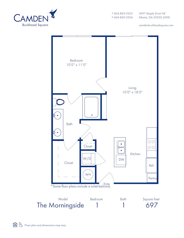 Blueprint of Morningside II Floor Plan, 1 Bedroom and 1 Bathroom at Camden Buckhead Square Apartments in Atlanta, GA