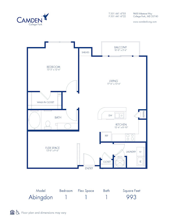 Blueprint of Abingdon Floor Plan, 1 Bedroom and 1 Bathroom at Camden College Park Apartments in College Park, MD