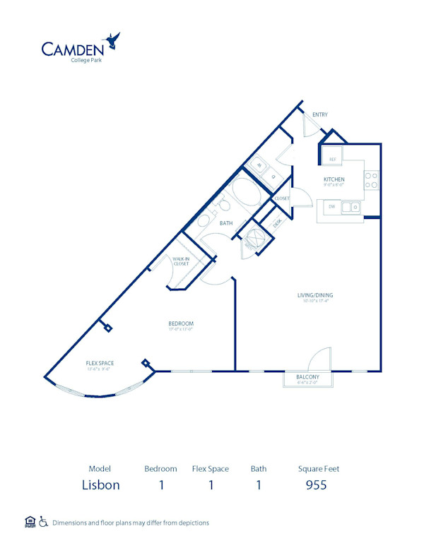 Blueprint of Lisbon Floor Plan, 1 Bedroom and 1 Bathroom at Camden College Park Apartments in College Park, MD
