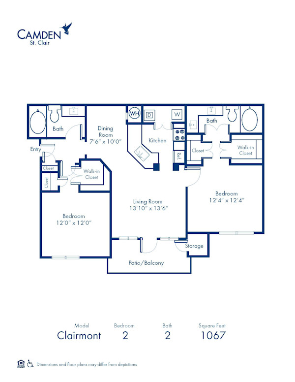 Blueprint of Clairmont Floor Plan, 2 Bedrooms and 2 Bathrooms at Camden St. Clair Apartments in Atlanta, GA