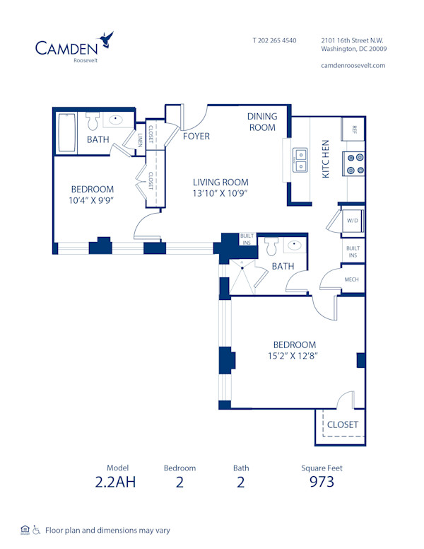 Blueprint of 2.2AH Floor Plan, 2 Bedrooms and 2 Bathrooms at Camden Roosevelt Apartments in Washington, DC