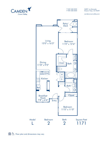 Blueprint of L Floor Plan, 2 Bedrooms and 2 Bathrooms at Camden Crown Valley Apartments in Mission Viejo, CA