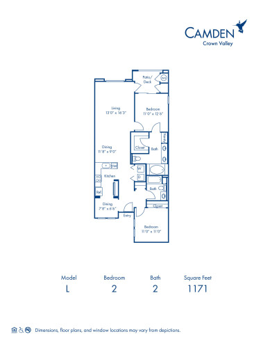 Blueprint of L Floor Plan, 2 Bedrooms and 2 Bathrooms at Camden Crown Valley Apartments in Mission Viejo, CA