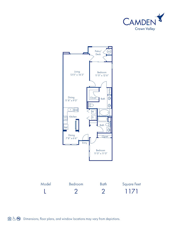 Blueprint of L Floor Plan, 2 Bedrooms and 2 Bathrooms at Camden Crown Valley Apartments in Mission Viejo, CA