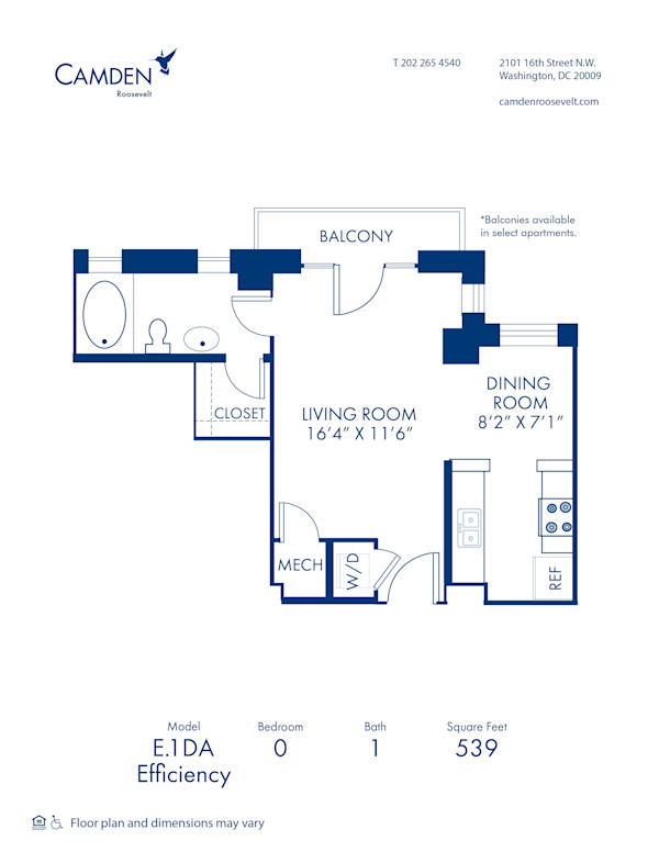 Blueprint of E.1DA Floor Plan, Studio with 1 Bathroom at Camden Roosevelt Apartments in Washington, DC