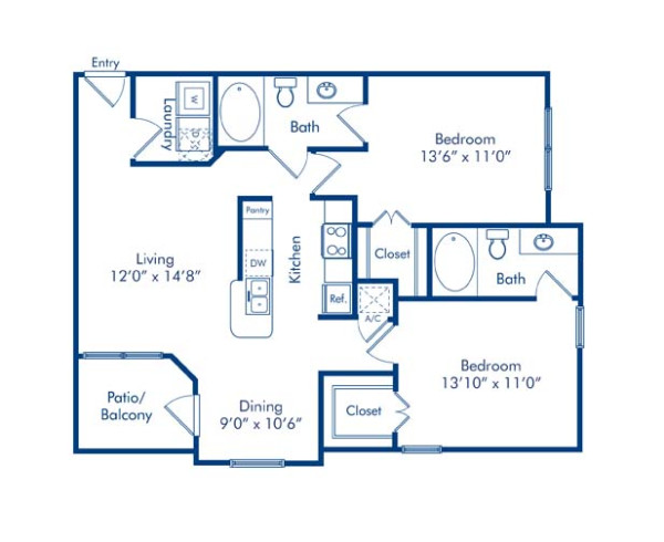 Blueprint of Oak Floor Plan, 2 Bedrooms and 2 Bathrooms at Camden Amber Oaks Apartments in Austin, TX