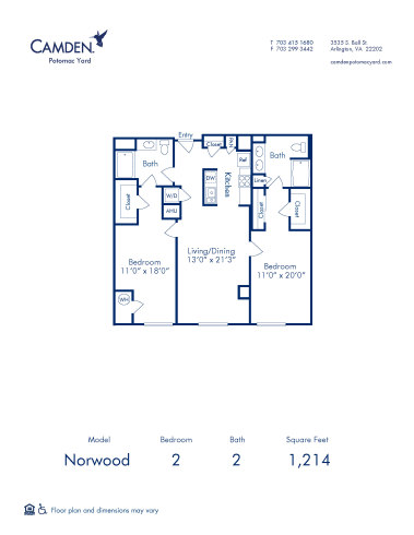 Blueprint of Norwood Floor Plan, 2 Bedrooms and 2 Bathrooms at Camden Potomac Yard Apartments in Arlington, VA