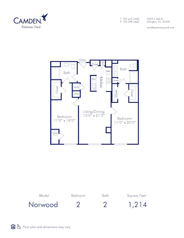 Blueprint of Norwood Floor Plan, 2 Bedrooms and 2 Bathrooms at Camden Potomac Yard Apartments in Arlington, VA