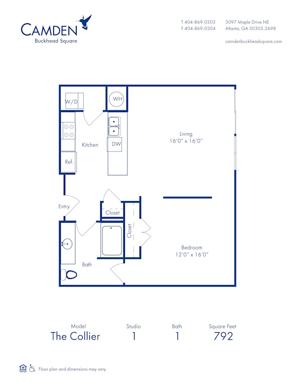 Blueprint of Collier Floor Plan, Studio with 1 Bathroom at Camden Buckhead Square Apartments in Atlanta, GA