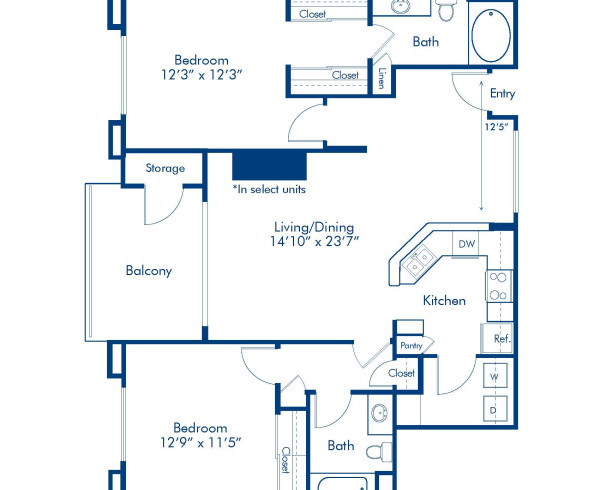 Blueprint of 2D Floor Plan, 2 Bedrooms and 2 Bathrooms at Camden Montierra Apartments in Scottsdale, AZ