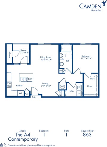 Blueprint of A4 Floor Plan, Apartment Home with 1 Bedroom and 1 Bathroom at Camden North End in Phoenix, AZ