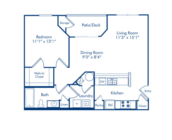 Blueprint of 1.1A Floor Plan, Apartment Home with 1 Bedroom and 1 Bathroom at Camden Reunion Park in Apex, NC