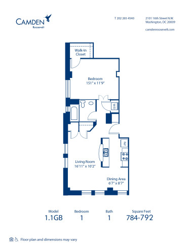 Blueprint of 1.1GB Floor Plan, 1 Bedroom and 1 Bathroom at Camden Roosevelt Apartments in Washington, DC