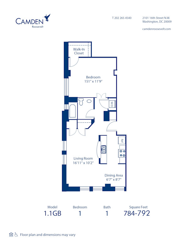 Blueprint of 1.1GB Floor Plan, 1 Bedroom and 1 Bathroom at Camden Roosevelt Apartments in Washington, DC