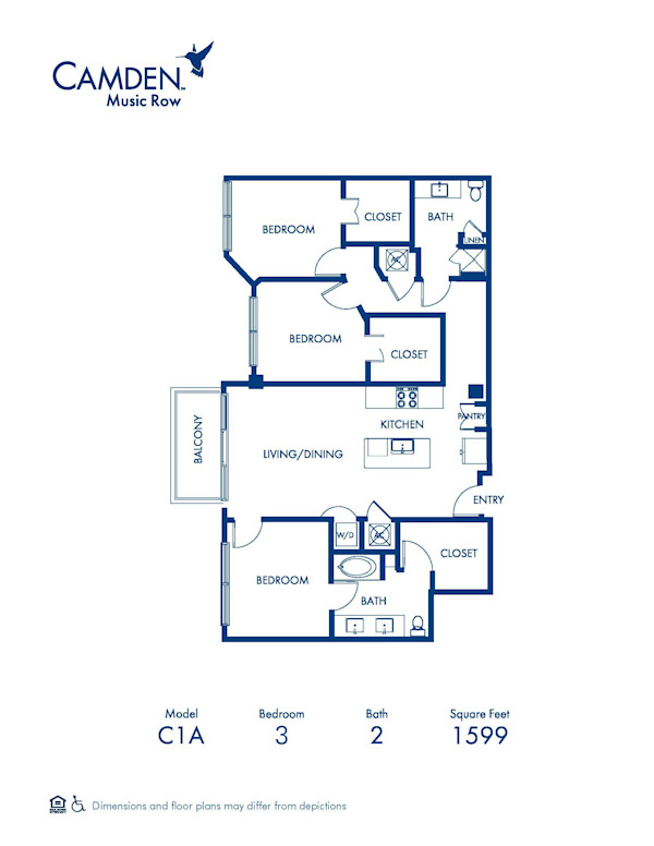 Camden Music Row C1A floor plan with 3 bedrooms and 2 bathrooms at 1599 square feet