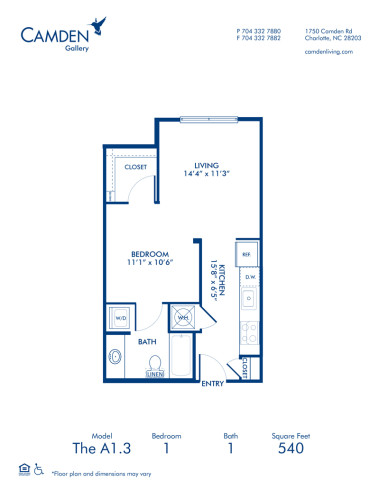   Blueprint of A1.3 Floor Plan, Studio with 1 Bathroom at Camden Gallery Apartments in Charlotte, NC