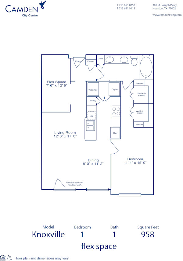 Blueprint of Knoxville Floor Plan, 1 Bedroom and 1 Bathroom at Camden City Centre Apartments in Houston, TX