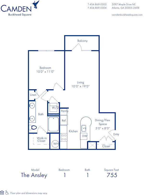 Blueprint of Ansley Floor Plan, 1 Bedroom and 1 Bathroom at Camden Buckhead Square Apartments in Atlanta, GA