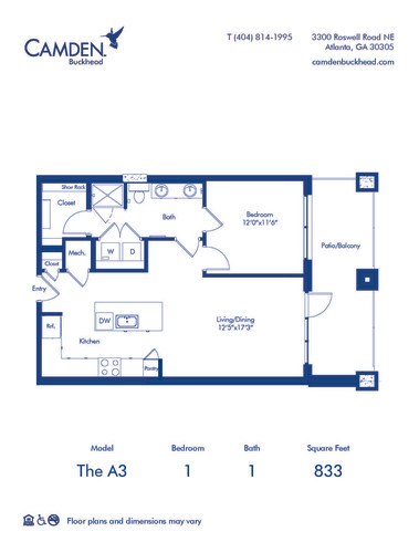 Camden Buckhead apartments Atlanta, Georgia 1 bedroom, 1 bath, floor plan A3