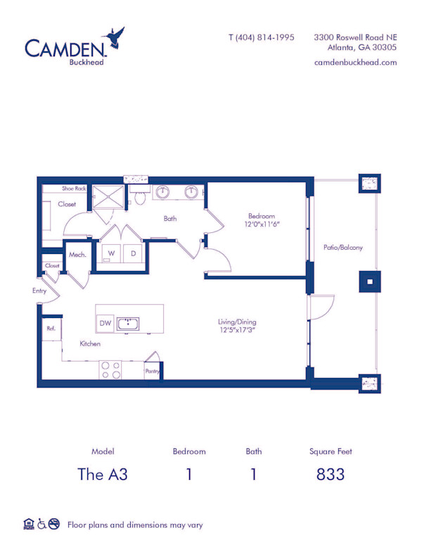 Camden Buckhead apartments Atlanta, Georgia 1 bedroom, 1 bath, floor plan A3