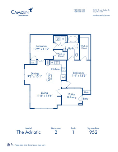 Blueprint of The Adriatic-Study Floor Plan, 1 Bedroom, 1 Bedroom/Study and 1 Bathroom at Camden Grand Harbor  Apartments in Katy, TX