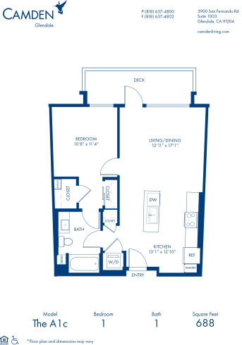 Blueprint of A1c Floor Plan, 1 Bedroom and 1 Bathroom at Camden Glendale Apartments in Glendale, CA