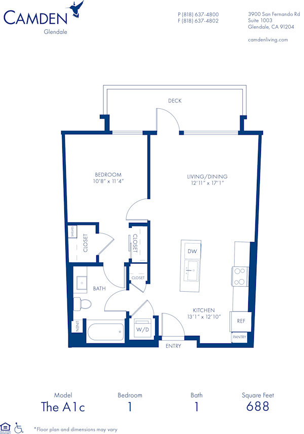 Blueprint of A1c Floor Plan, 1 Bedroom and 1 Bathroom at Camden Glendale Apartments in Glendale, CA